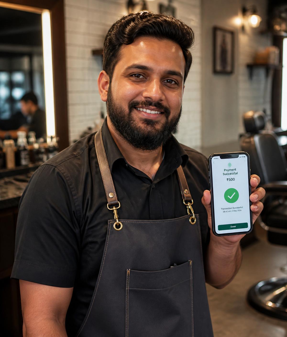 Barber holding a phone showing a successful payment