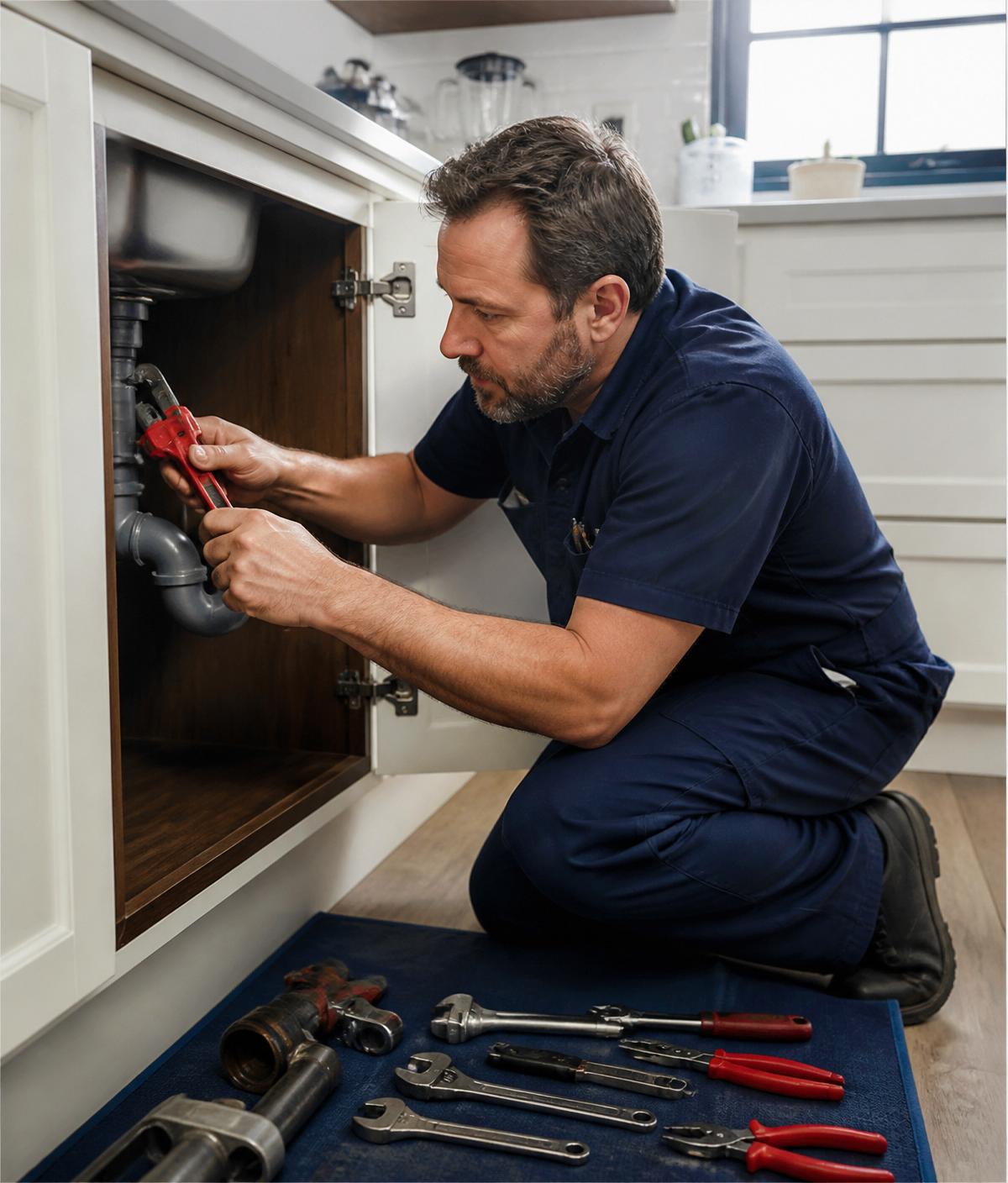 Focused plumber fixing a pipe under a sink, working without worrying about payment